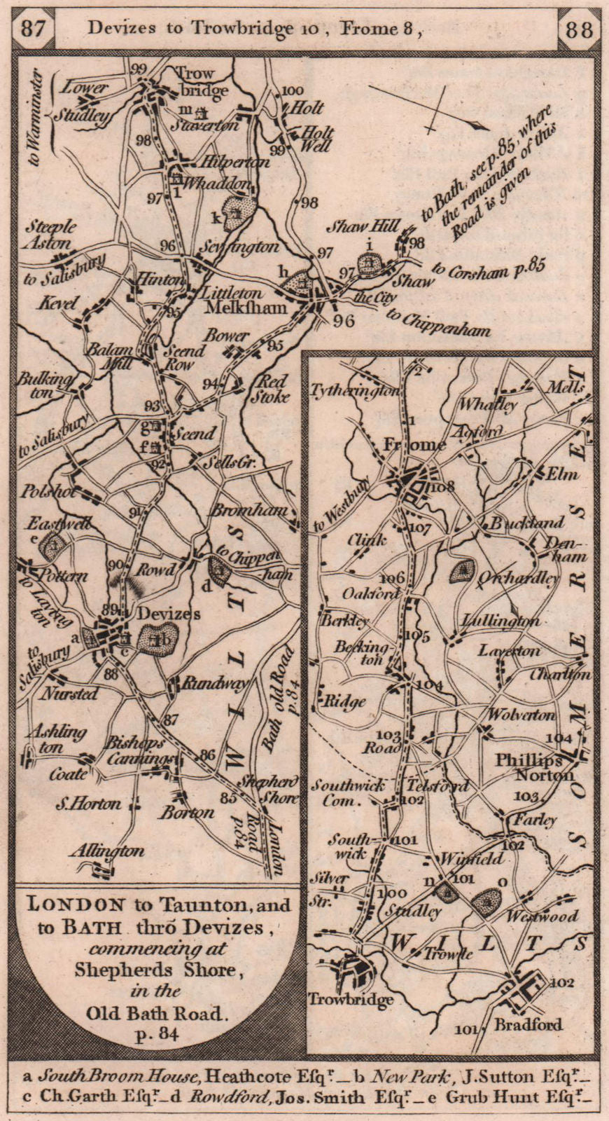Devizes-trowbridge-Norton St Philip-Frome road strip map PATERSON 1803 old